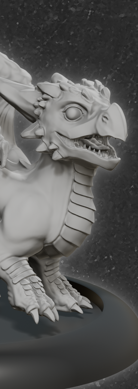 Eine graue Drachenfigur mit detaillierten Schuppen und ausgeprägten Gesichtszügen.