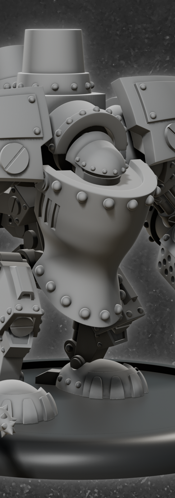 Grauer Roboter mit Rüstungsteilen und detaillierten metalartigen Oberflächen.