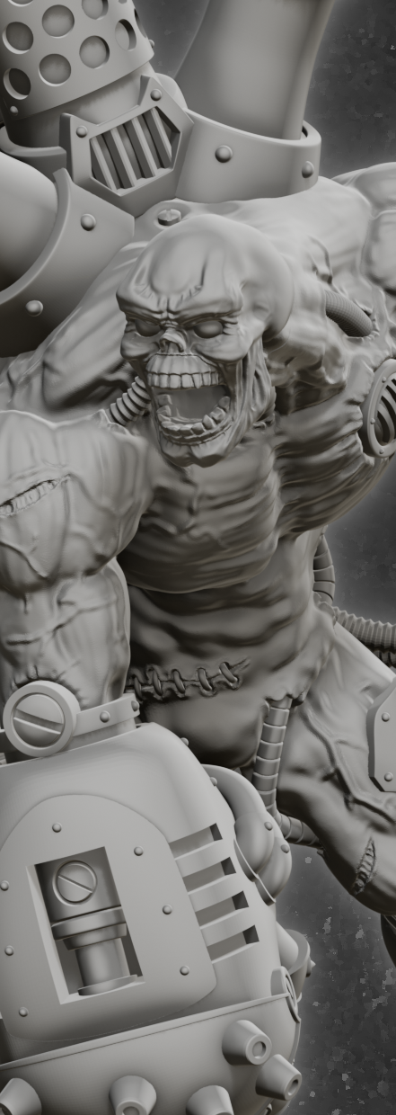 Detailierte Skulptur eines humanoiden Kriegers mit mechanischen Elementen.