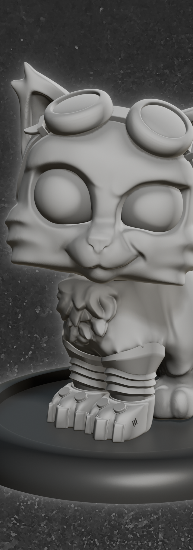 Graues Katzenfigur mit Brille und kleinem Anzug, steht auf einer runden Basis.